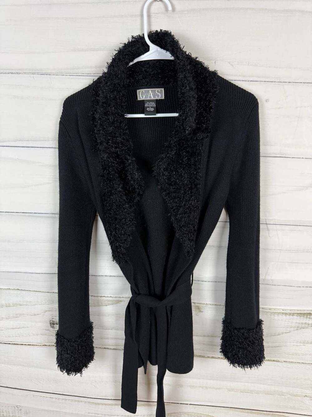 GAS Sweaters Vintage Black Ribbed Knit Cardigan with Faux Fur Collar and Cuffs